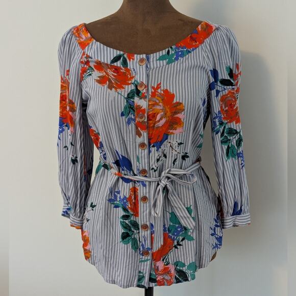 Maeve Anthropologie Lilorne Floral Stripes Tie Button Down 100% Rayon Blouse US0 - Picture 2 of 9